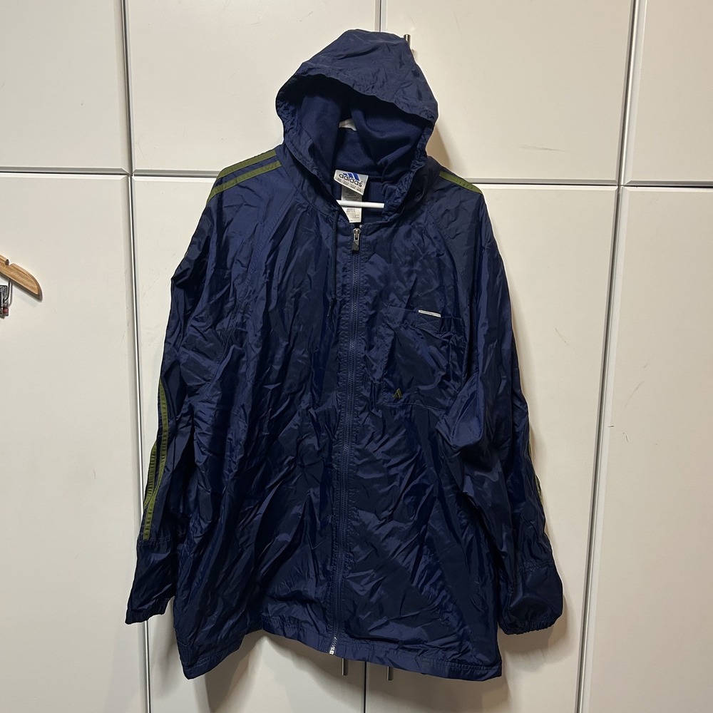 Adidas Vintage Windbreaker Jacket Mens XXL Navy Blue Olive Green Full Zip Hooded